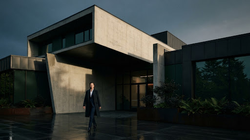 A modernist concrete building at dusk
