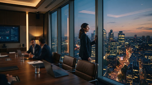 An executive looking out over a city skyline at night