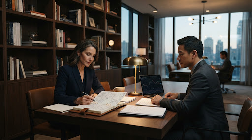 Two colleagues reviewing documents across a boardroom table