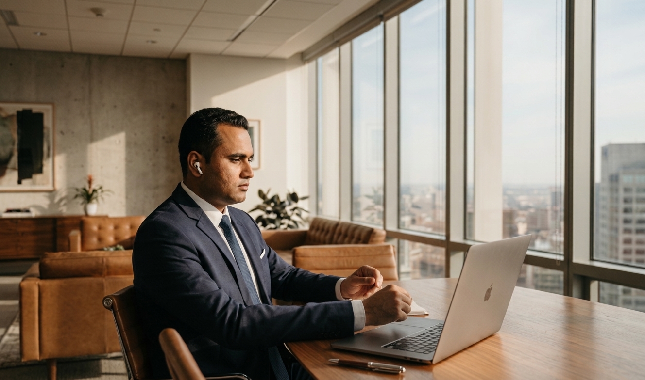 A senior business consultant working on a laptop in a minimalist modern office